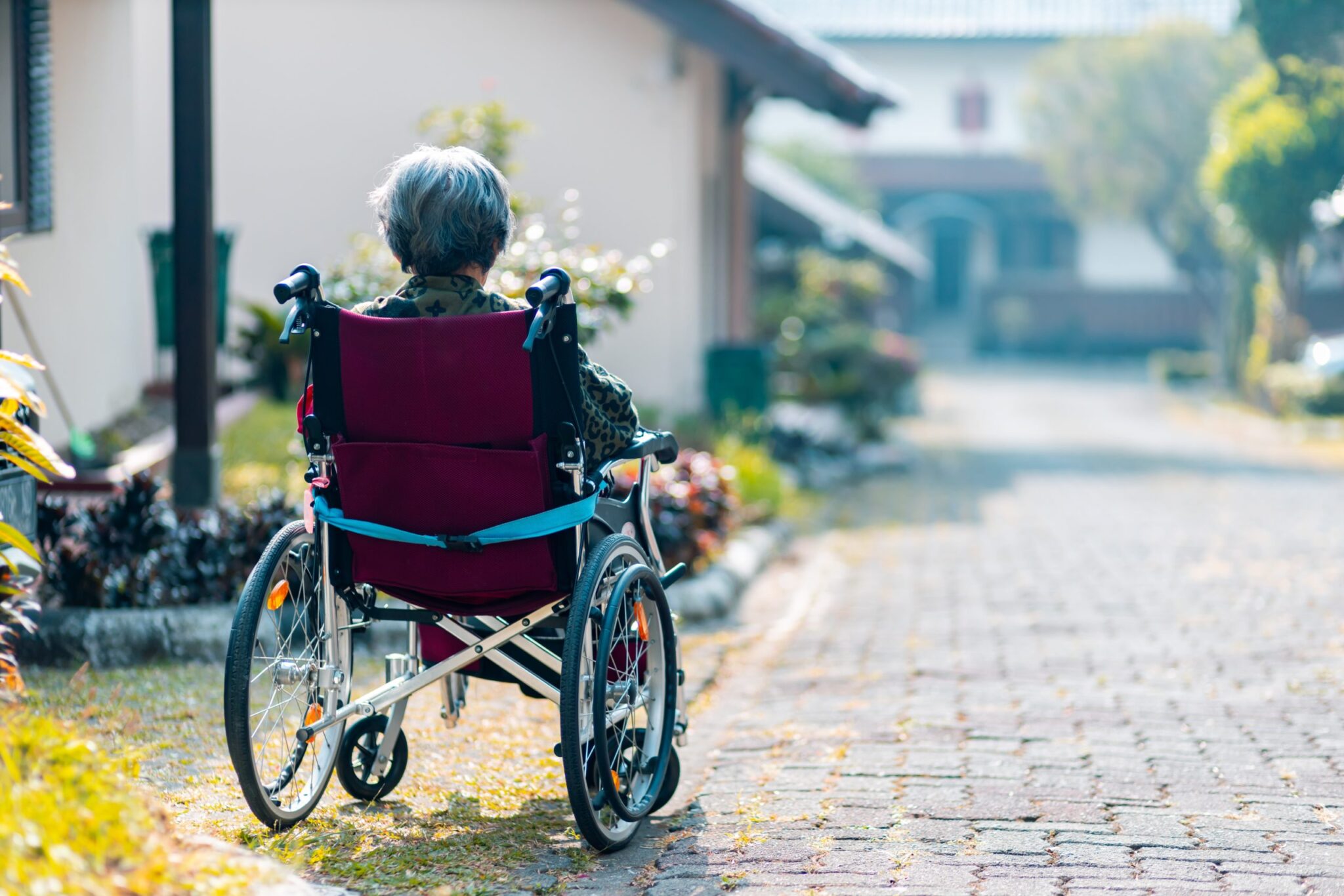Alzheimer: una señora en silla de ruedas, de espaldas a la cámara
